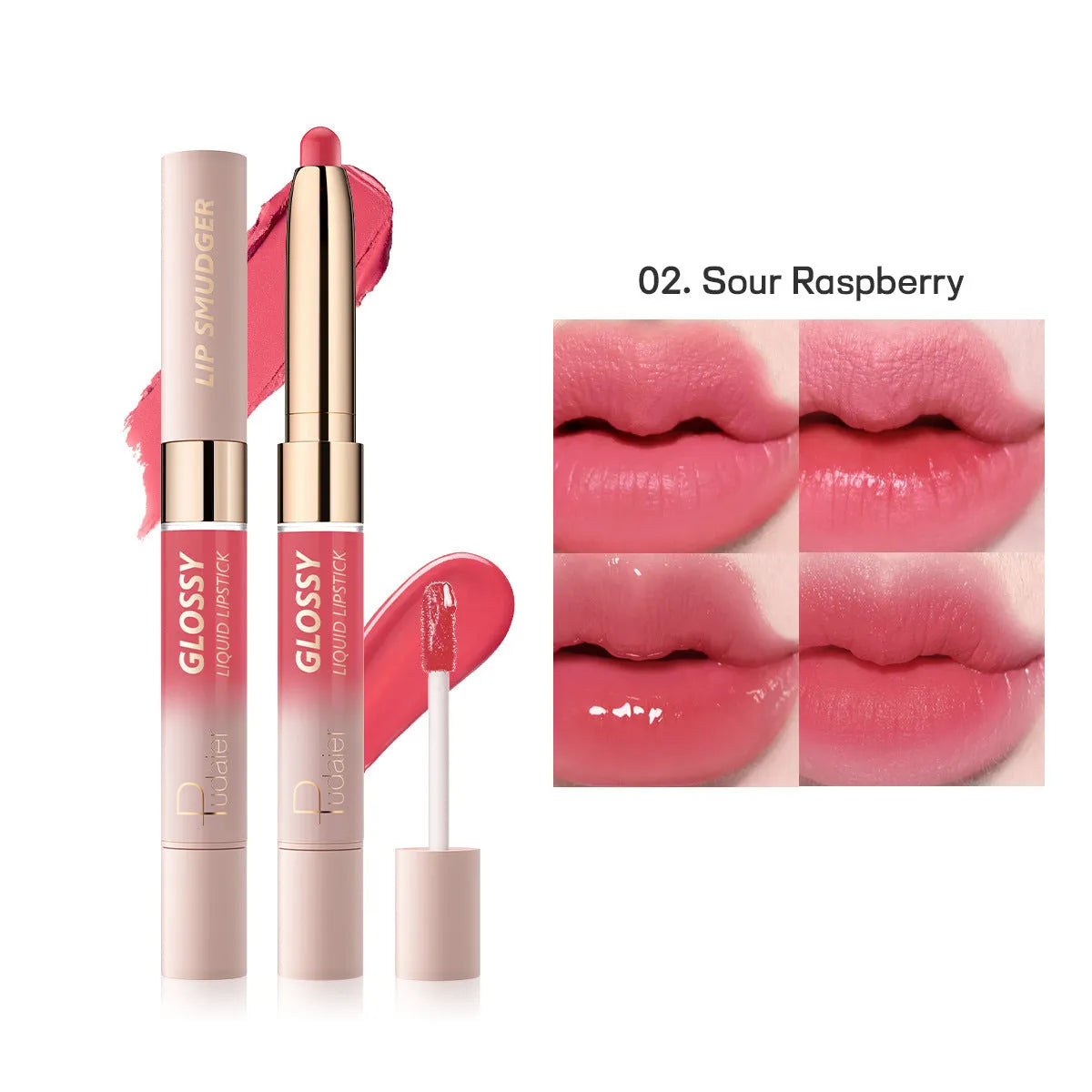 Double-headed lipstick showing matte and glossy finishes in one of 10 available colours