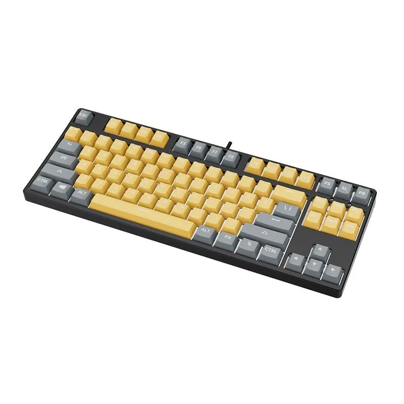 87-key wired mechanical keyboard with multicolour keycaps on black base, showing hot-swappable switches and included tools