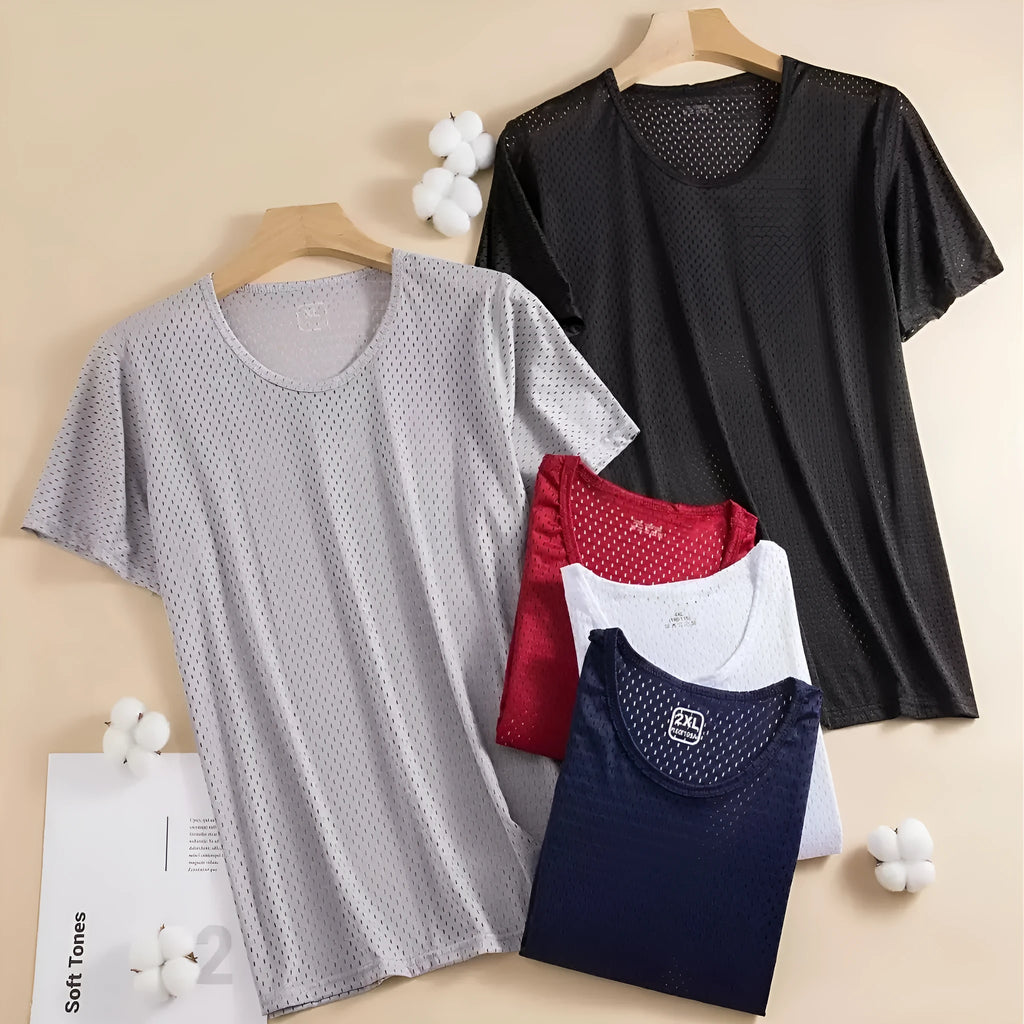 Man wearing a thin grey ice silk mesh short sleeve T-shirt with a crew neck.