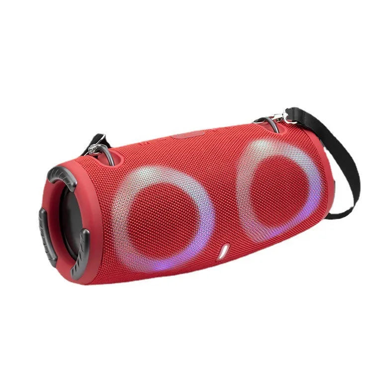 War Drum portable Bluetooth speaker with RGB lights in camouflage colour with carrying strap.