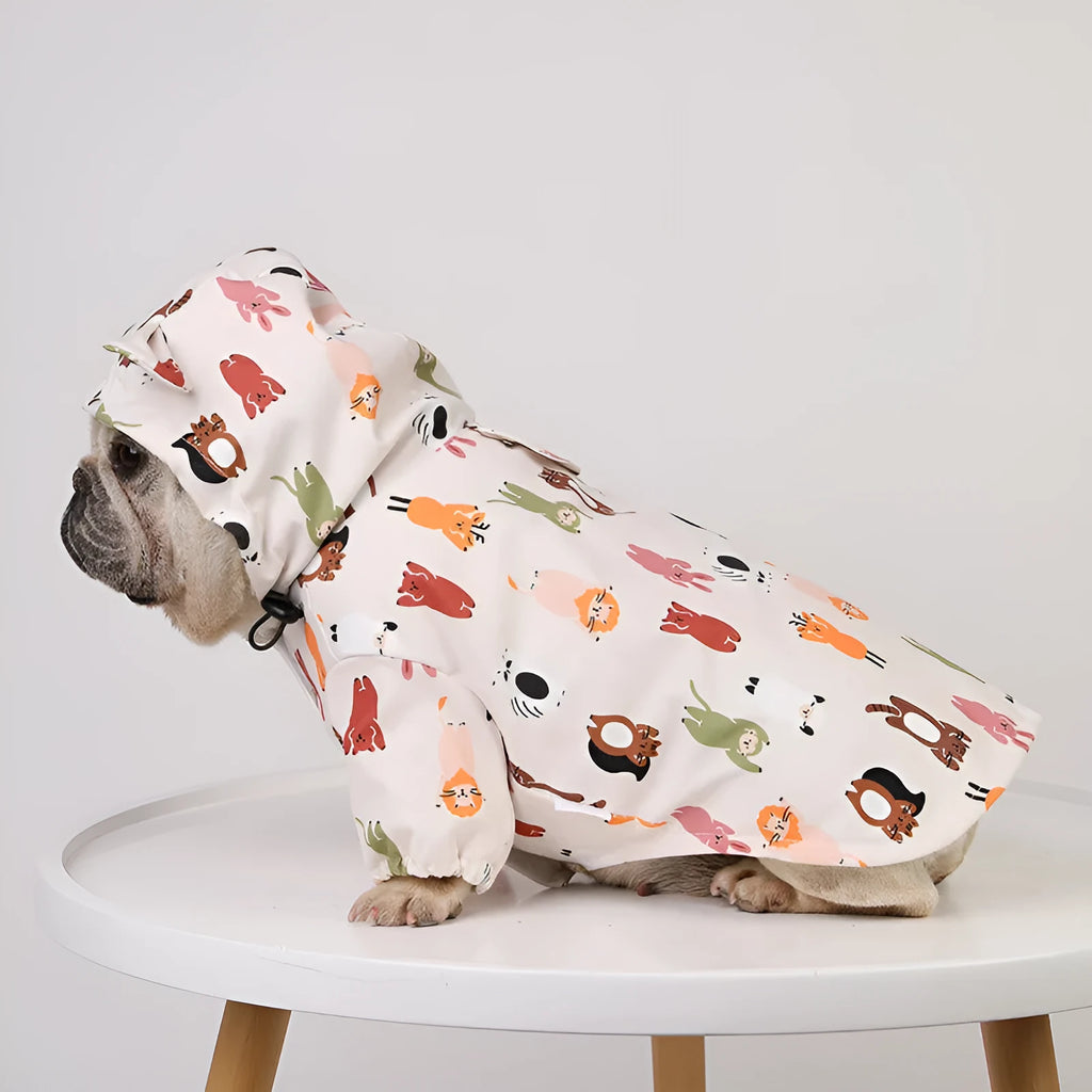 Cartoon dog raincoat with double waterproof coating in beige colour with cat head design