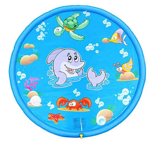 Blue PVC children's water spray mat with marine animal prints, measuring 100cm by 170cm