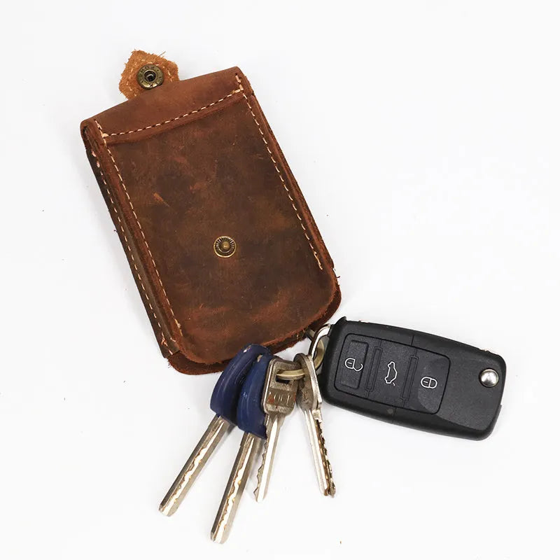 Crazy horse leather key case in dark brown, 7cm by 11.5cm, compact key organiser