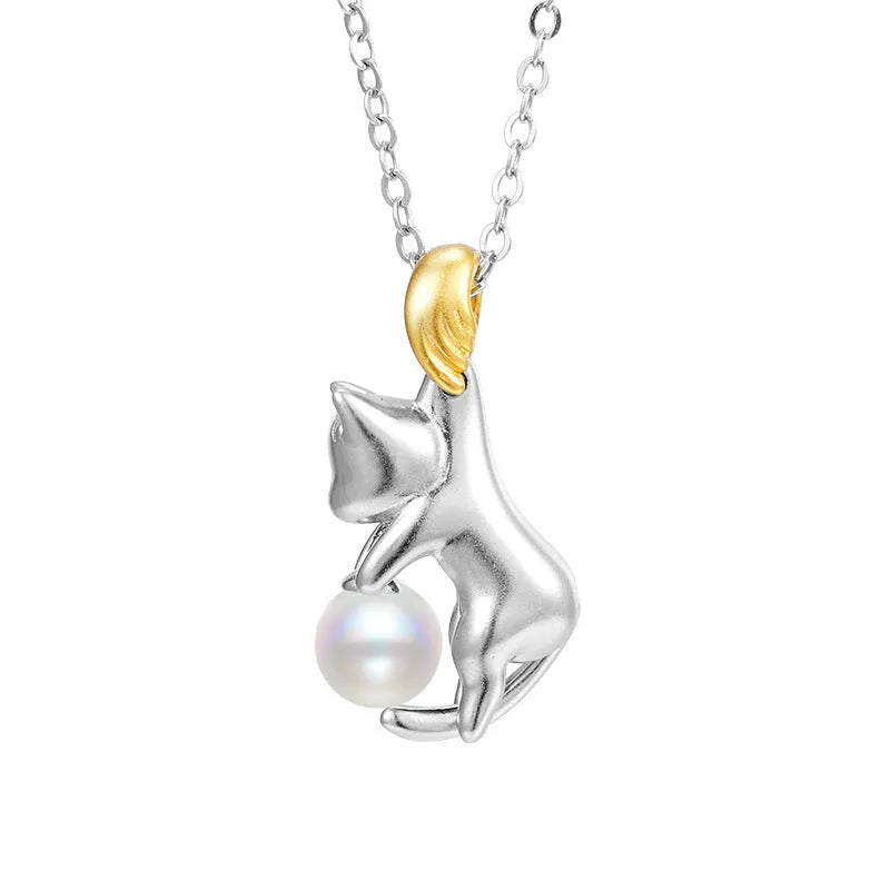 Sterling silver cat charm clavicle necklace with pearl bead options