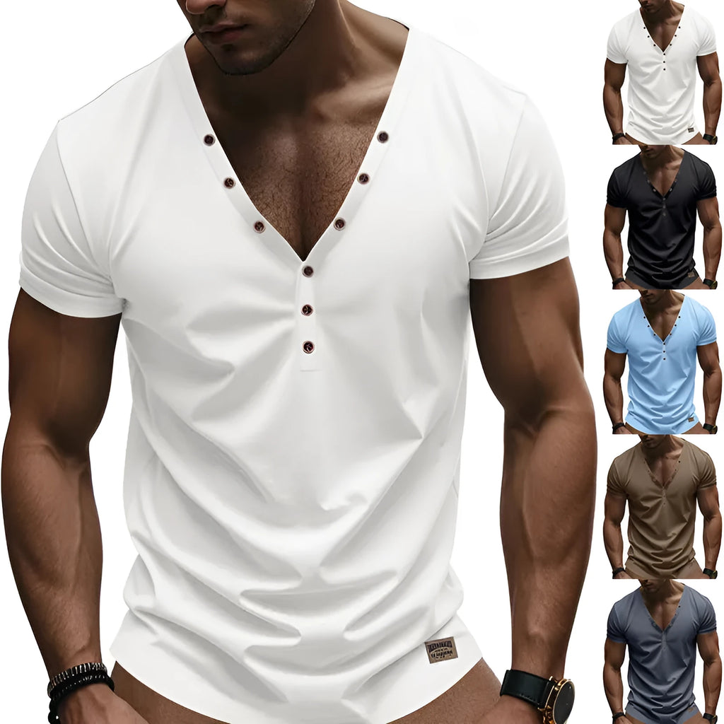 Men's loose fit V-neck button pullover in chemical fibre blend fabric available in multiple colours