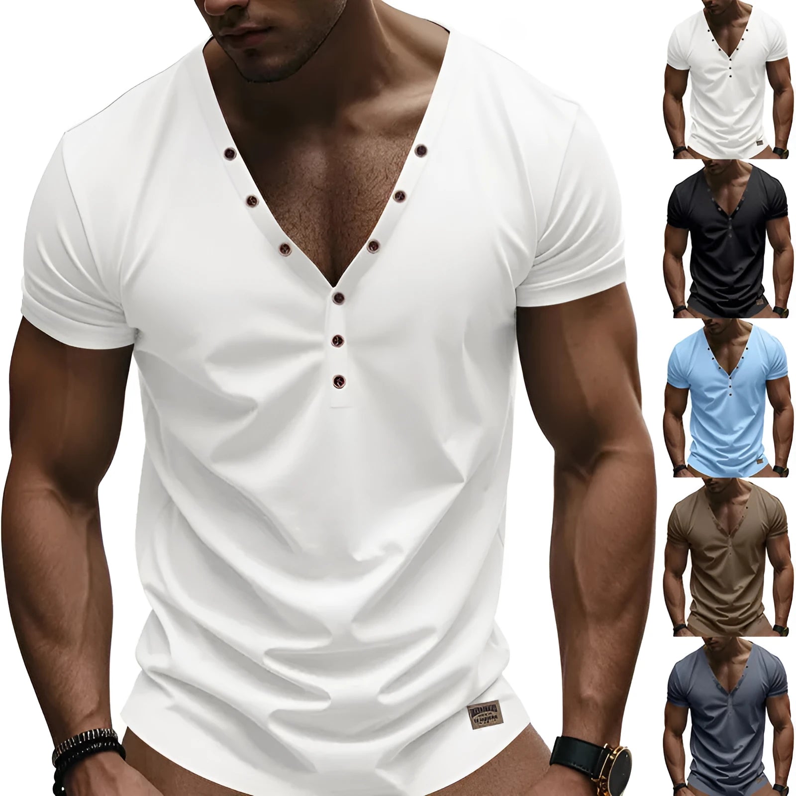 Men's loose fit V-neck button pullover in chemical fibre blend fabric available in multiple colours