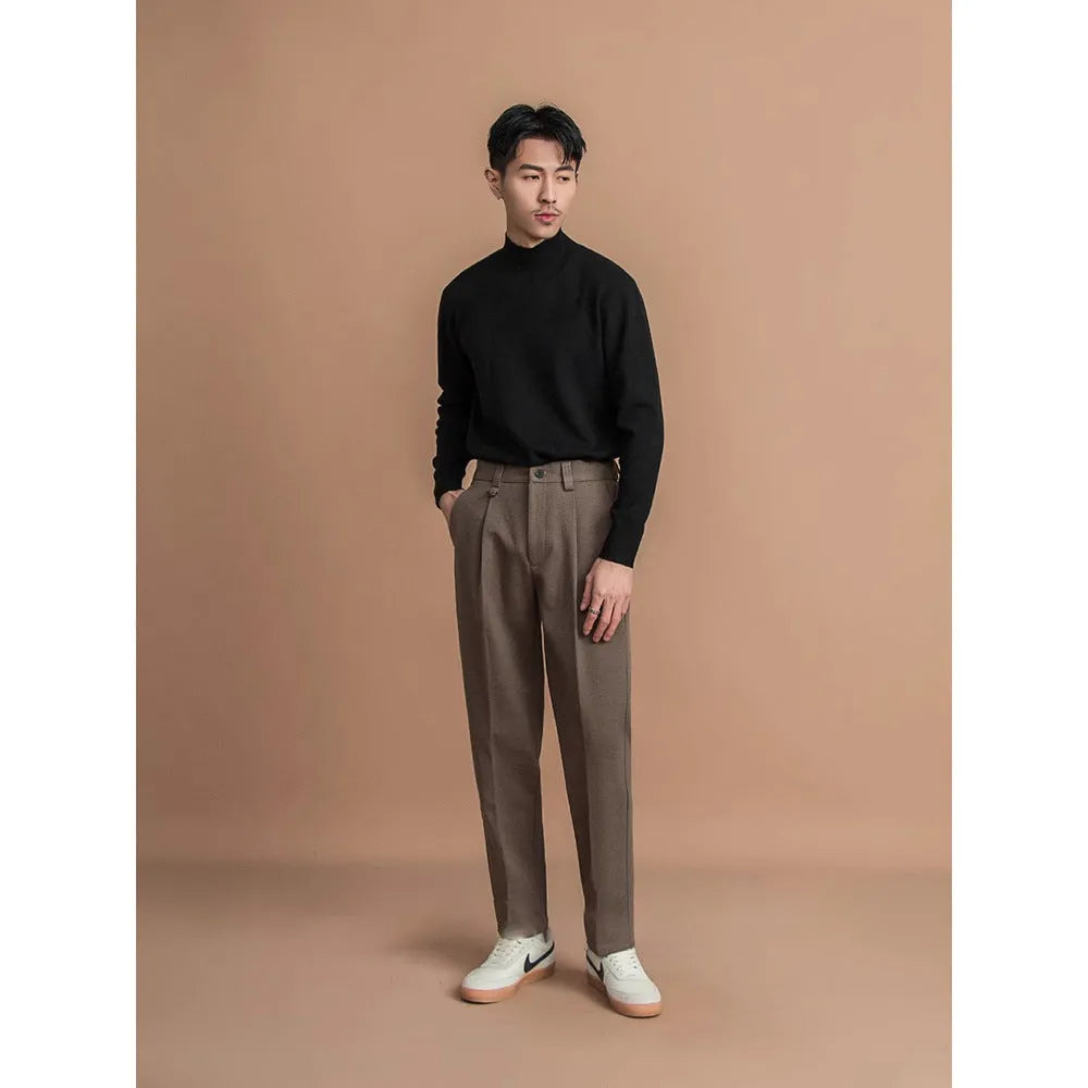 Men's straight leg trousers in draped casual business style available in four colours