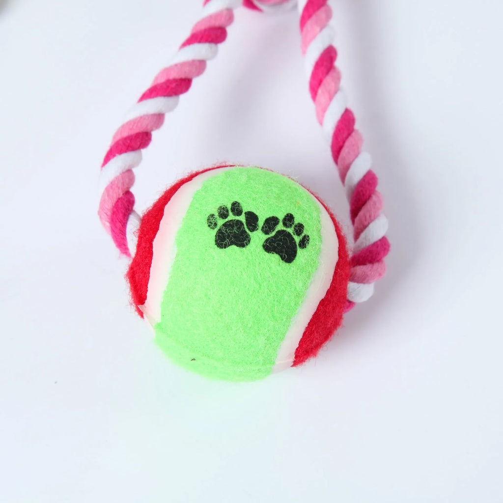 Red and white cotton string dog toy with ventilation holes, measuring approximately 38cm in length