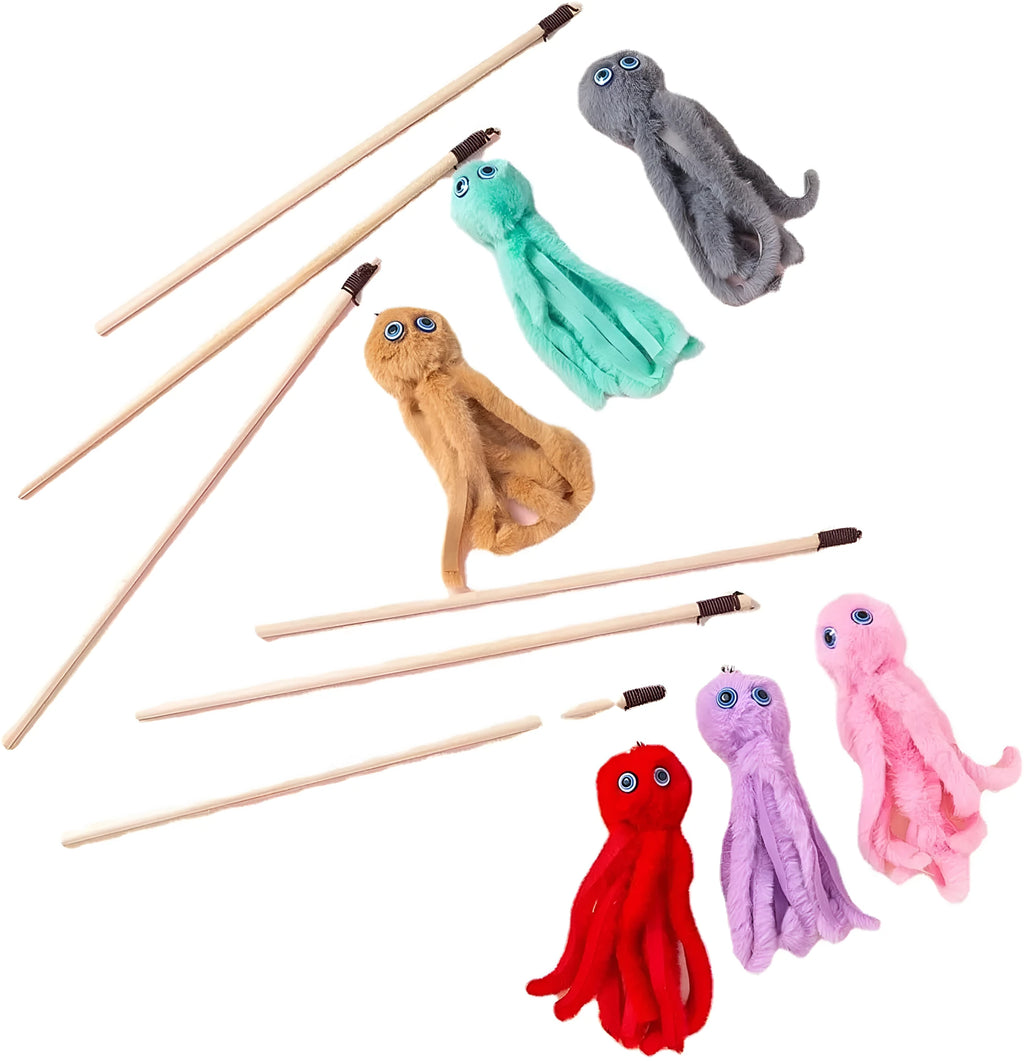 Octopus theme cat toy with long stick handle in bright pink purple red grey colours