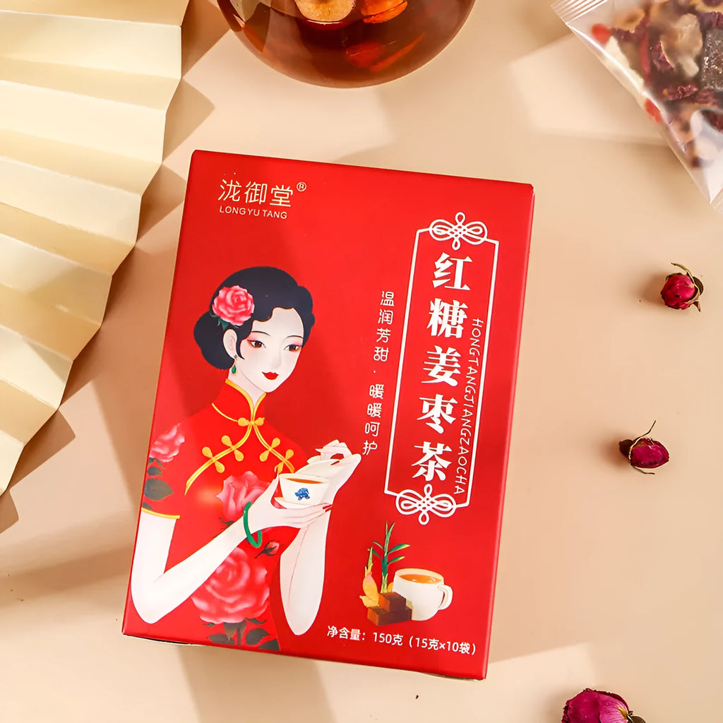Box of ginger and jujube tea with brown sugar, red dates, wolfberries, and traditional herbs