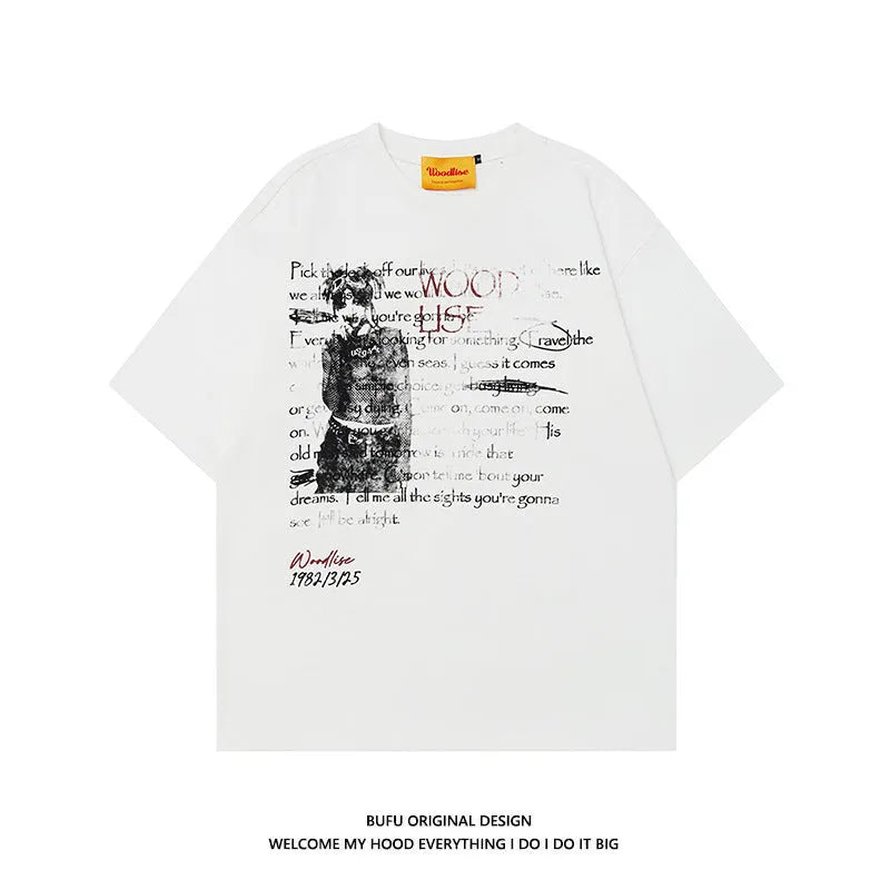 Men's black retro style pure cotton t-shirt with letter printing and loose fit