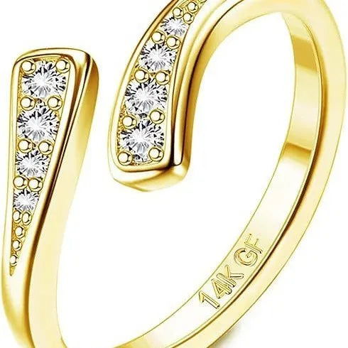Geometric toe ring with 14K gold plating showing rhinestone and water drop design options