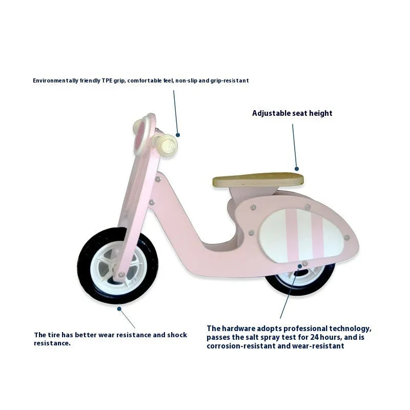 Pink wooden toddler balance scooter for children aged 1-6 years with 10-inch size