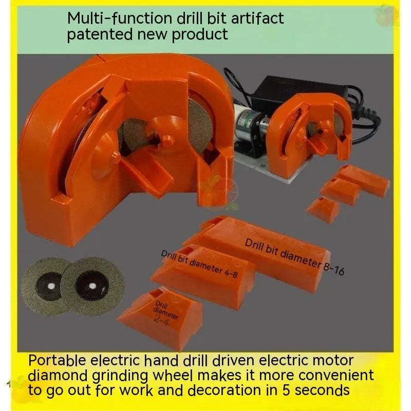 Universal portable grinding drill tool with orange and black sanding wheels attached for irregular surface work