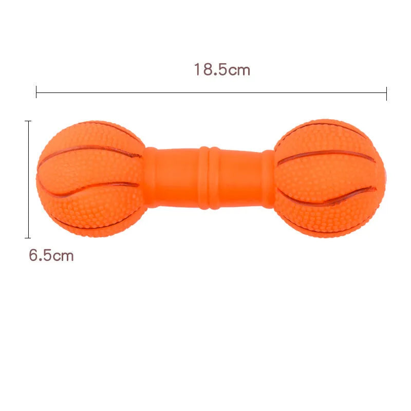 PVC football dumbbell shaped dog toy with squeaker in brown, orange, white and yellow colours