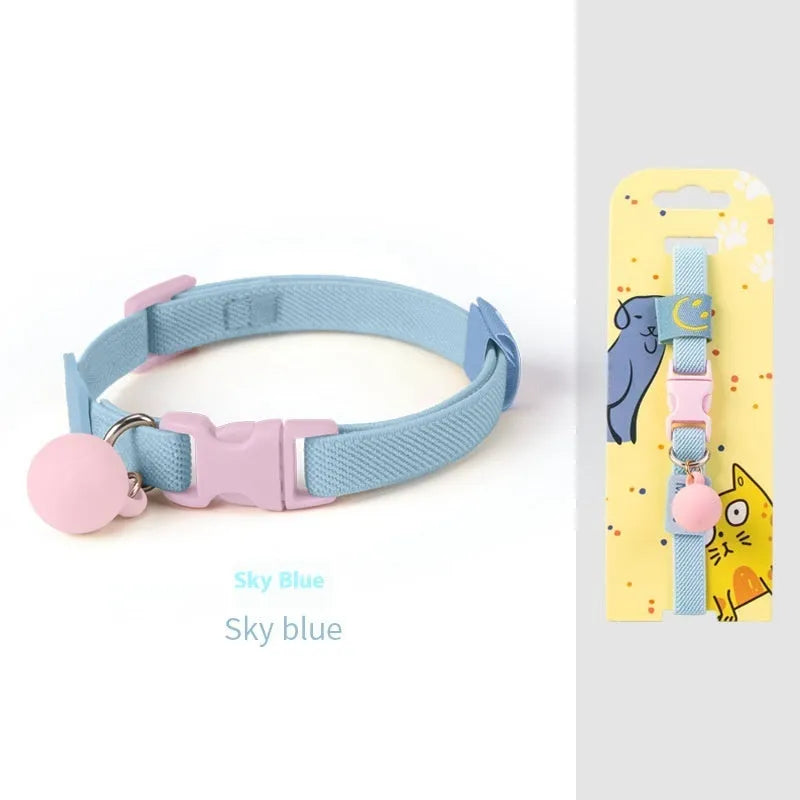 Small dog elastic polyester pet collar shown in seven colour options with adjustable 22-32cm sizing