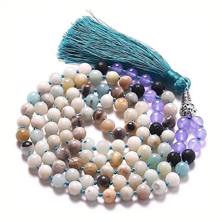 Geometric agate tassel necklace in a choice of ten colours including blue stone and amethyst, shown at full 95-100cm length.