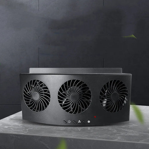 Black and white USB car ventilation fan for exhaust odour removal measuring 23x11x7cm