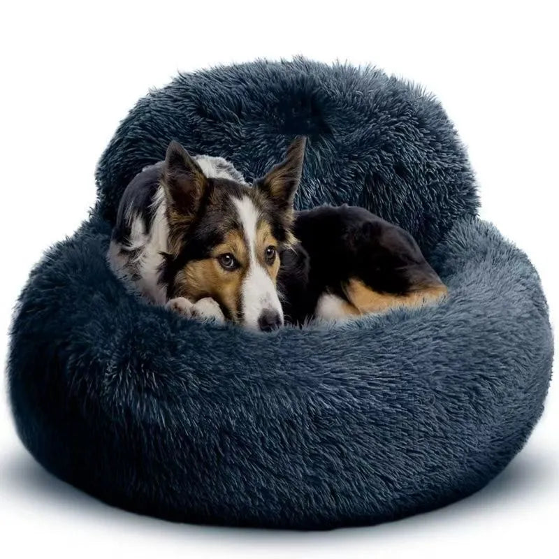 Round plush pet bed with raised backrest in khaki colour, 60cm diameter, suitable for small dogs and cats