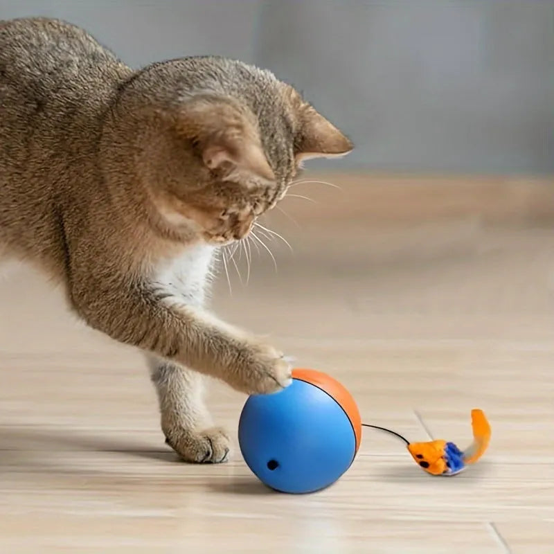 Blue and orange interactive cat toy ball with plush mouse attachment measuring 8.5cm cube