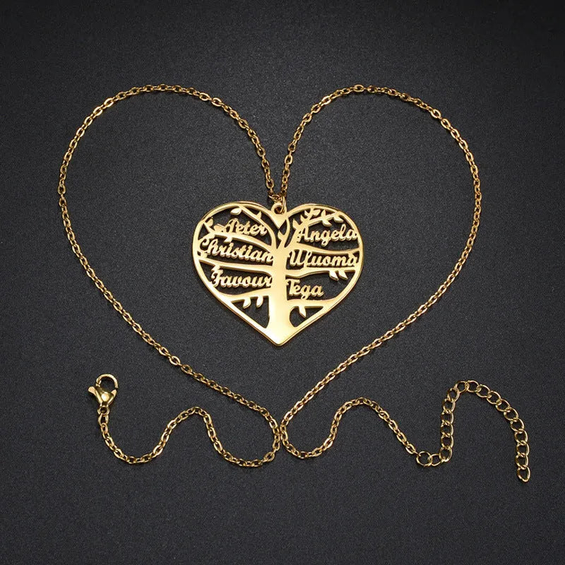 Custom stainless steel necklace with hollow heart, letter, and lucky tree pendant, available in silver, gold, rose gold.