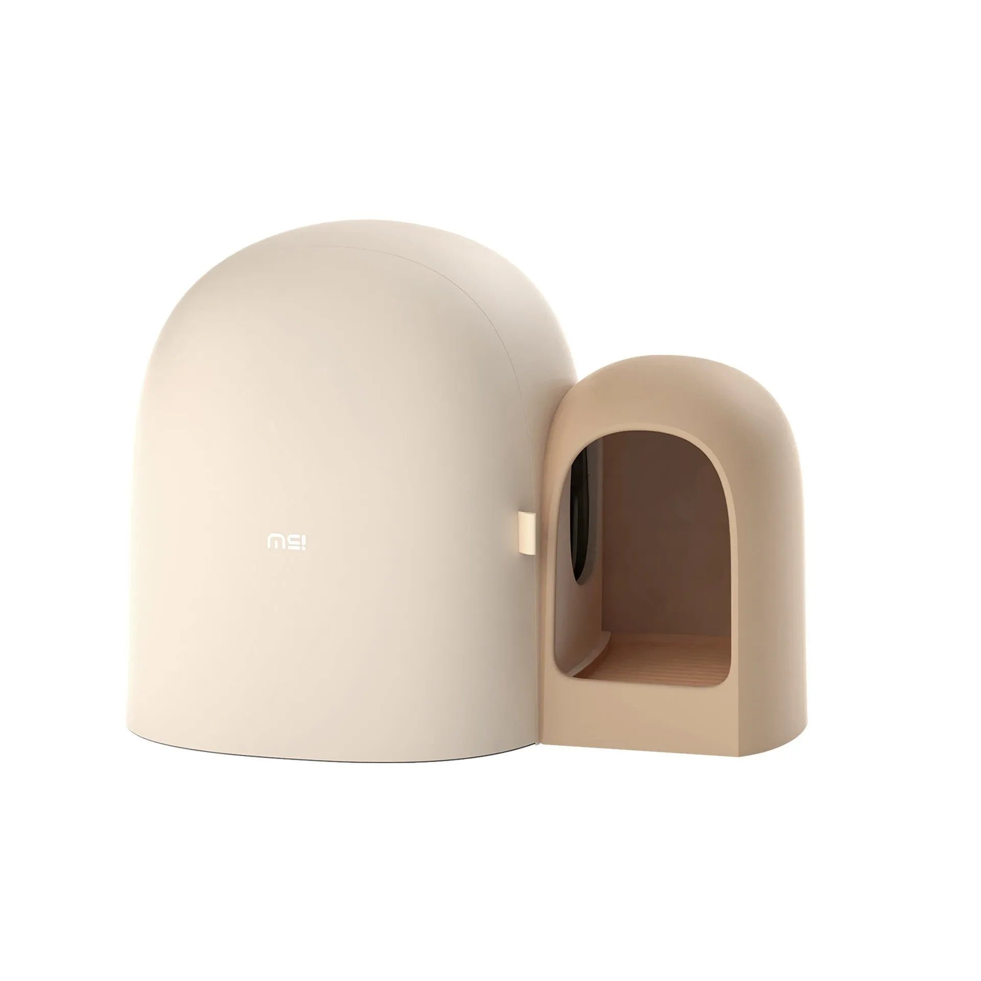 Large white fully enclosed cat litter box with a hood, shown next to a cat for scale.