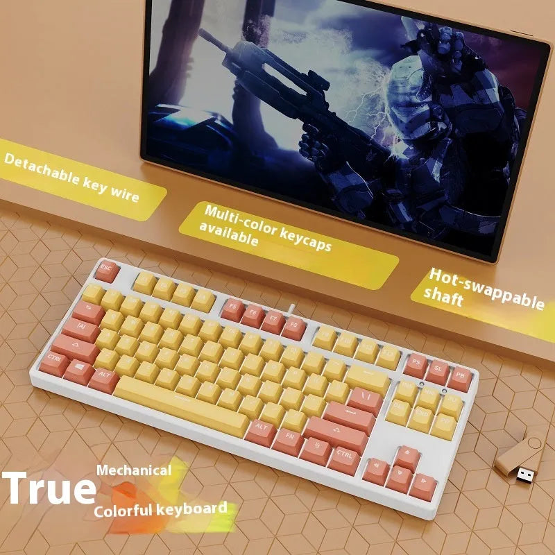 87-key wired mechanical keyboard with multicolour keycaps on black base, showing hot-swappable switches and included tools
