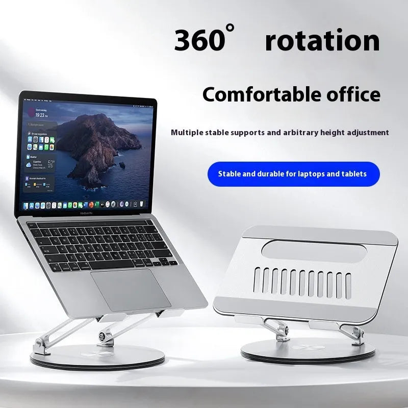 Silver aluminium alloy laptop stand showing rotatable platform and foldable legs