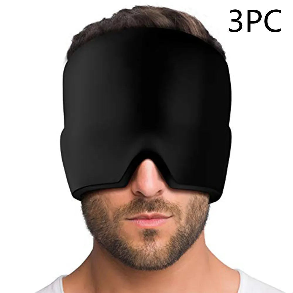 Black reusable gel ice mask for eyes and forehead on a white background
