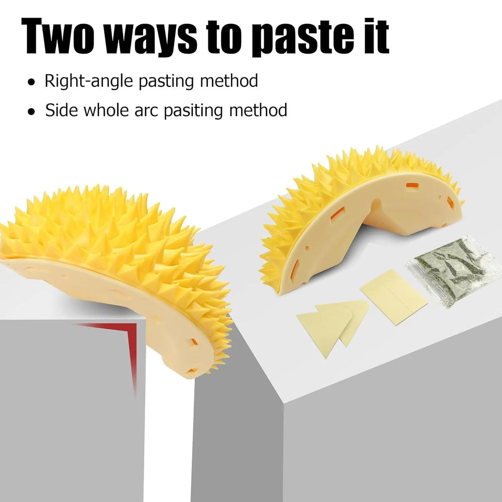 Yellow durian-shaped cat corner scratcher with spiked surface for wall mounting