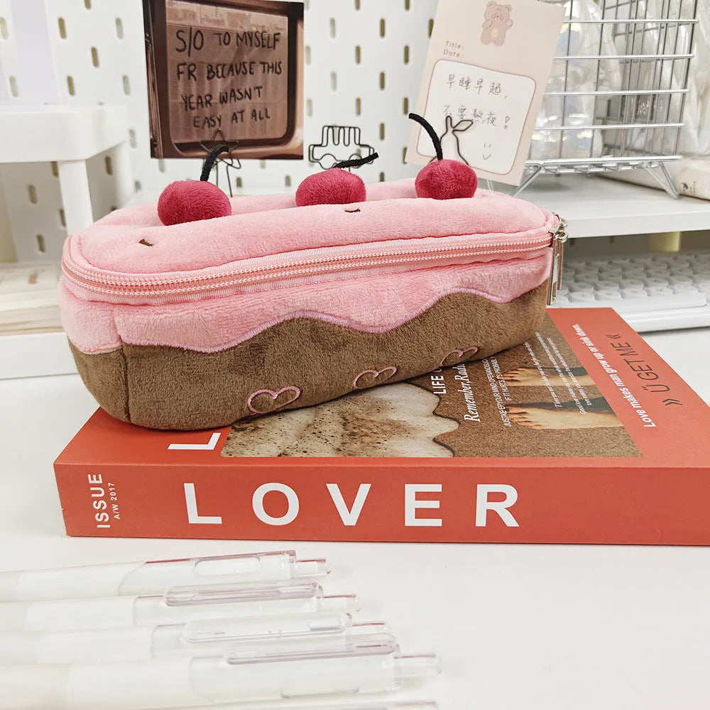 Cherry Cake plush velvet pencil case in Korean style design