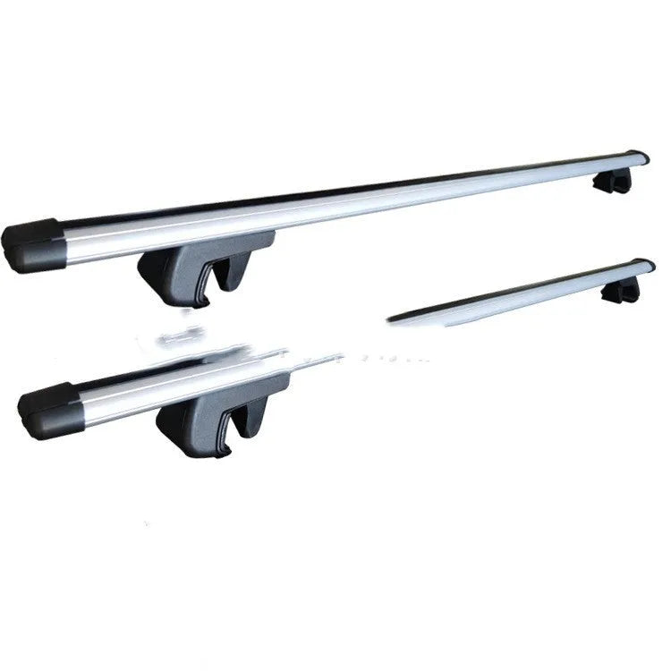 Two silver alloy roof rack crossbars for a GM SUV, shown with adjustable length between 120cm and 135cm.