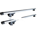 Two silver alloy roof rack crossbars for a GM SUV, shown with adjustable length between 120cm and 135cm.