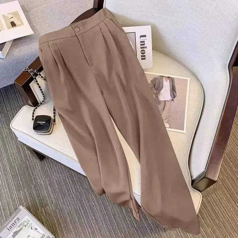 Womens loose fit khaki polyester blouse and trouser set for office wear