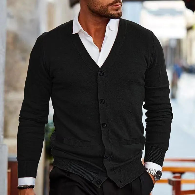 Men's slim fit acrylic cardigan sweater in a choice of seven colours including beige, black, grey, wine red, and green.
