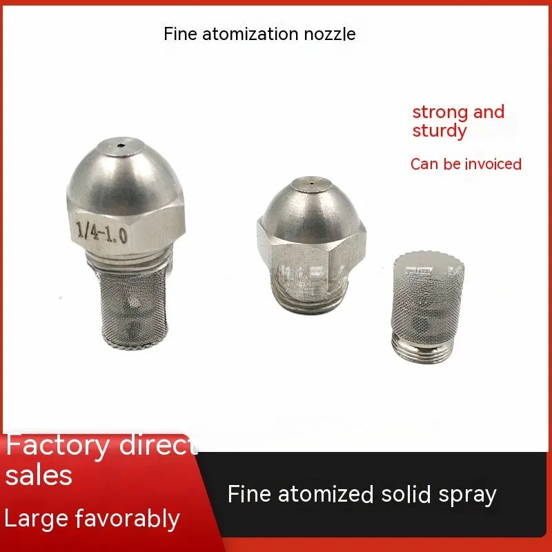 304 stainless steel fine atomization spray nozzle with external thread and multiple aperture size options.