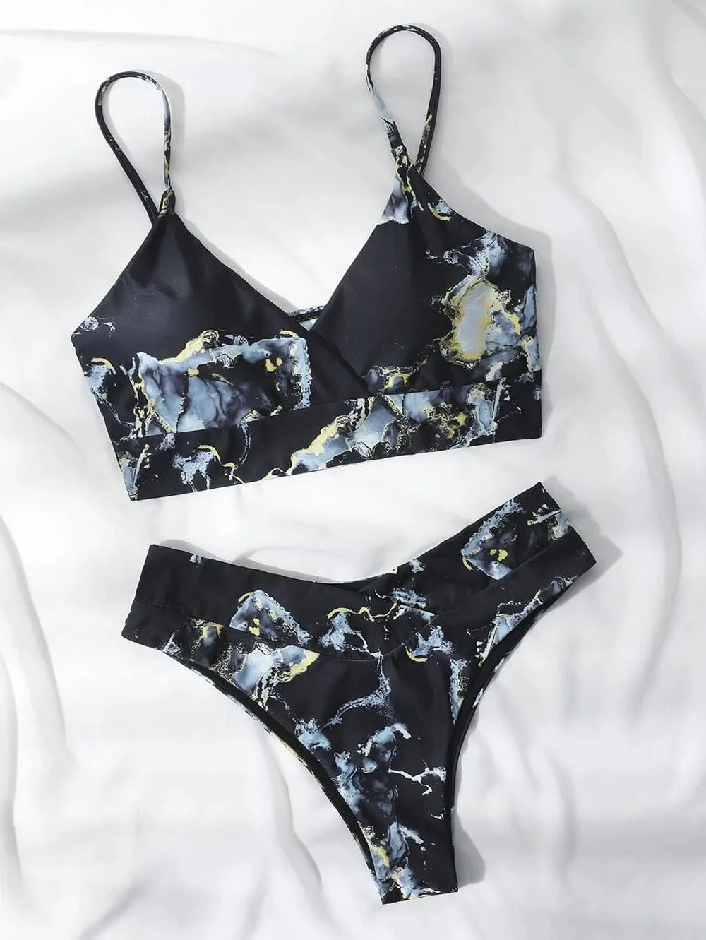Women's high-waist marble tie-dye print bikini set with U-neck top.