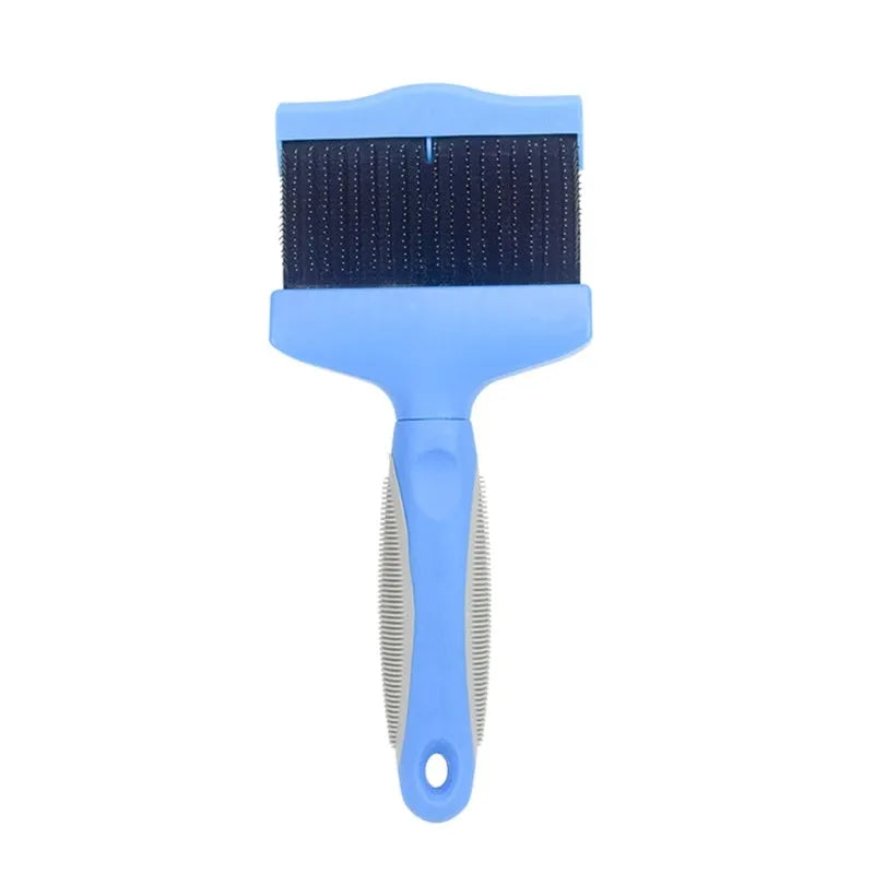 Double-sided pet brush showing stainless steel pins on one side and soft bristles on the other, with blue handle.