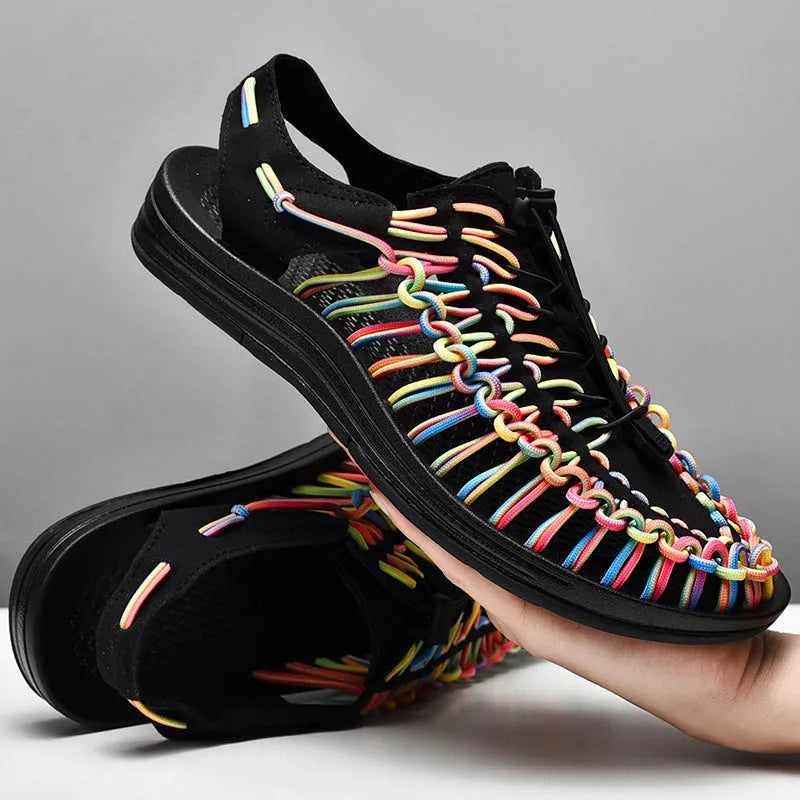 Elastic drawstring woven sandals in rainbow colour with rubber sole and baotou front design