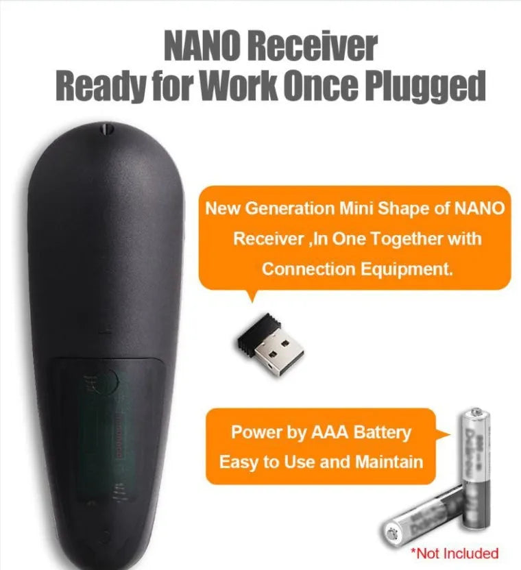 G30 Air Mouse wireless keyboard remote control with Nano USB receiver on a table