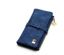 Korean retro matte Pu leather women's vertical long wallet with zip closure showing multiple card slots