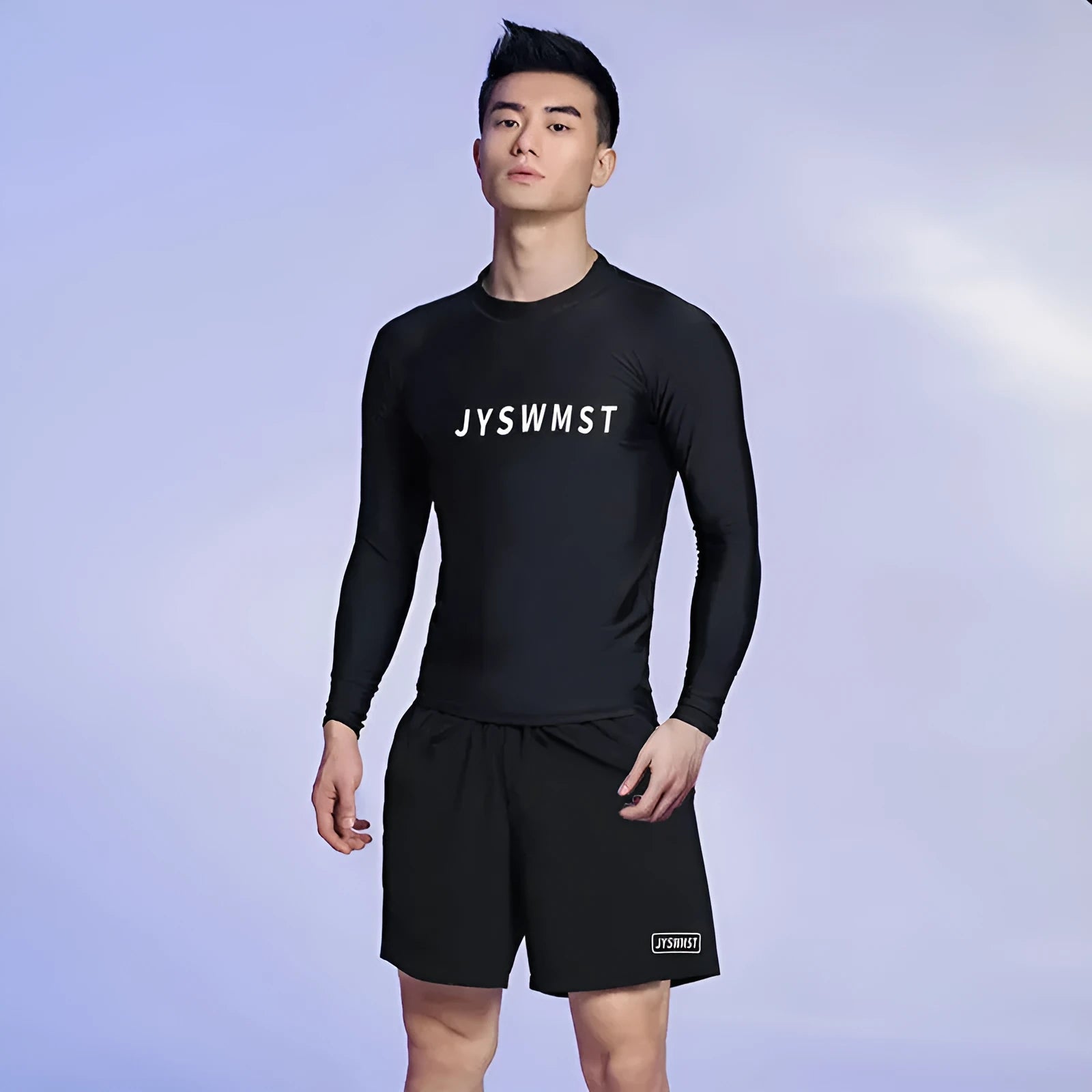 Men's plus size polyester swimsuit set showing top and trousers on a hanger