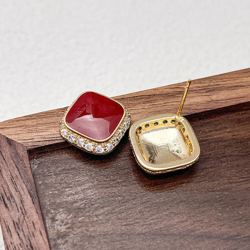 Red square alloy earrings with geometric design and inlaid detailing for women