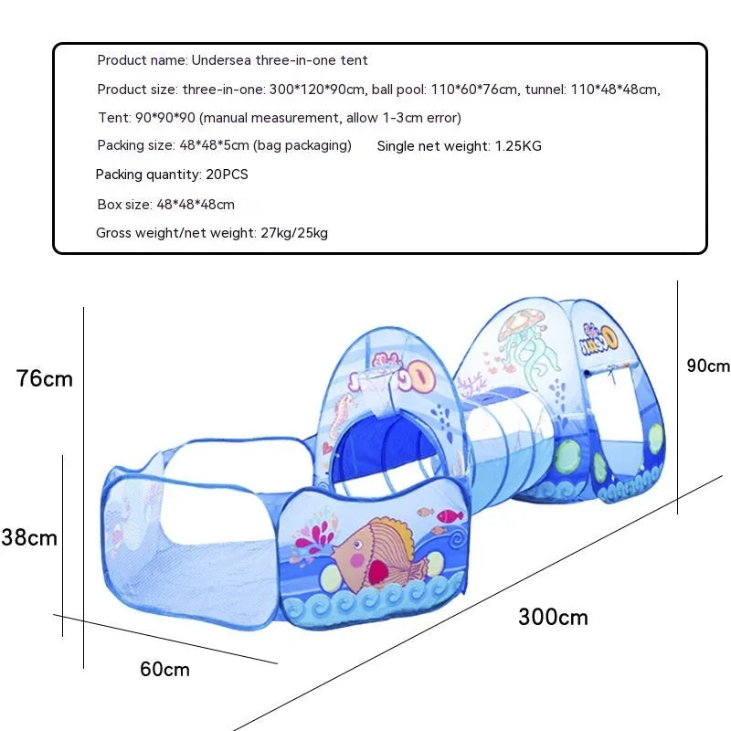 Colourful marine cartoon children's tent with integrated ball pool and crawl tunnel