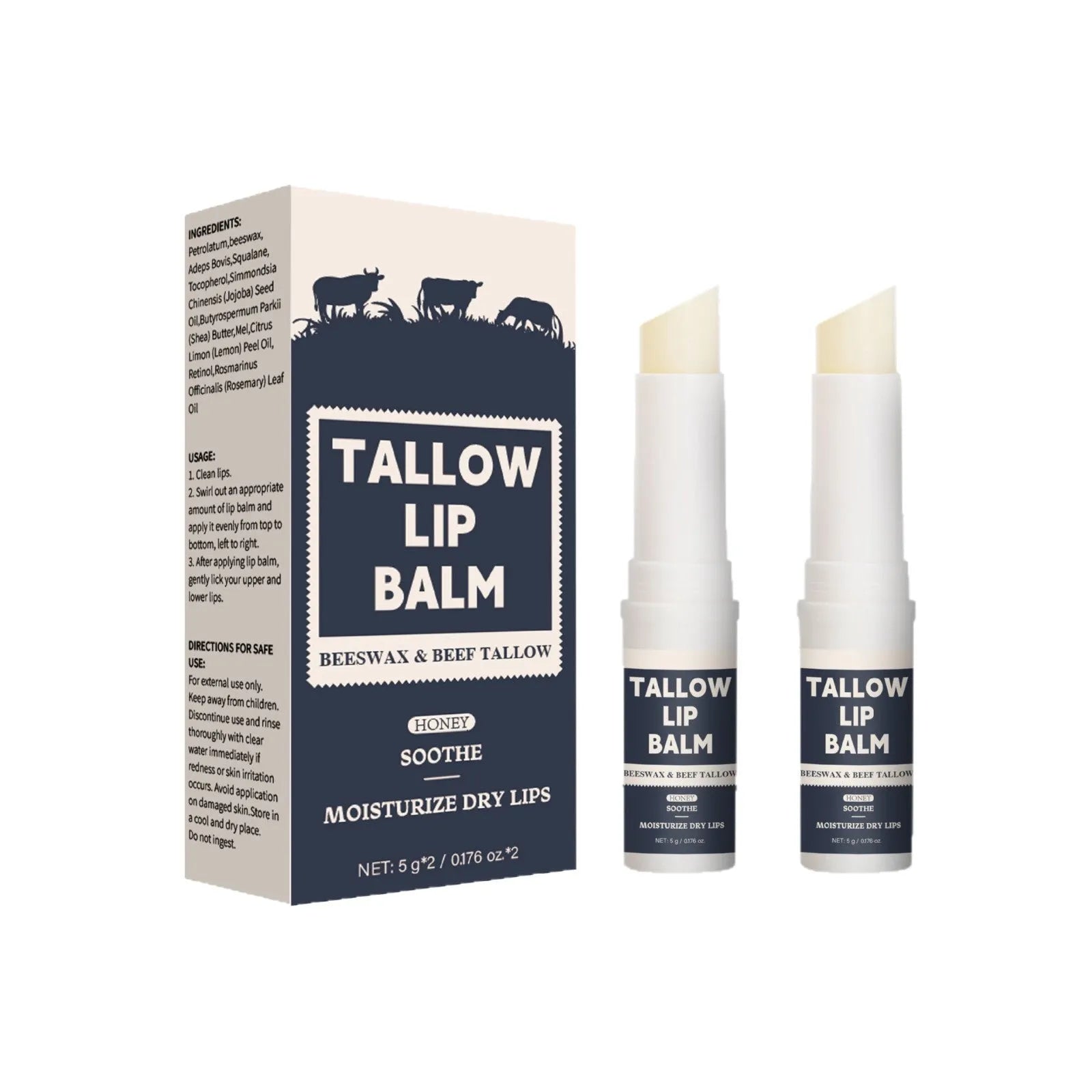 Two-piece beef tallow fat lip balm set with light grain texture for soft lips