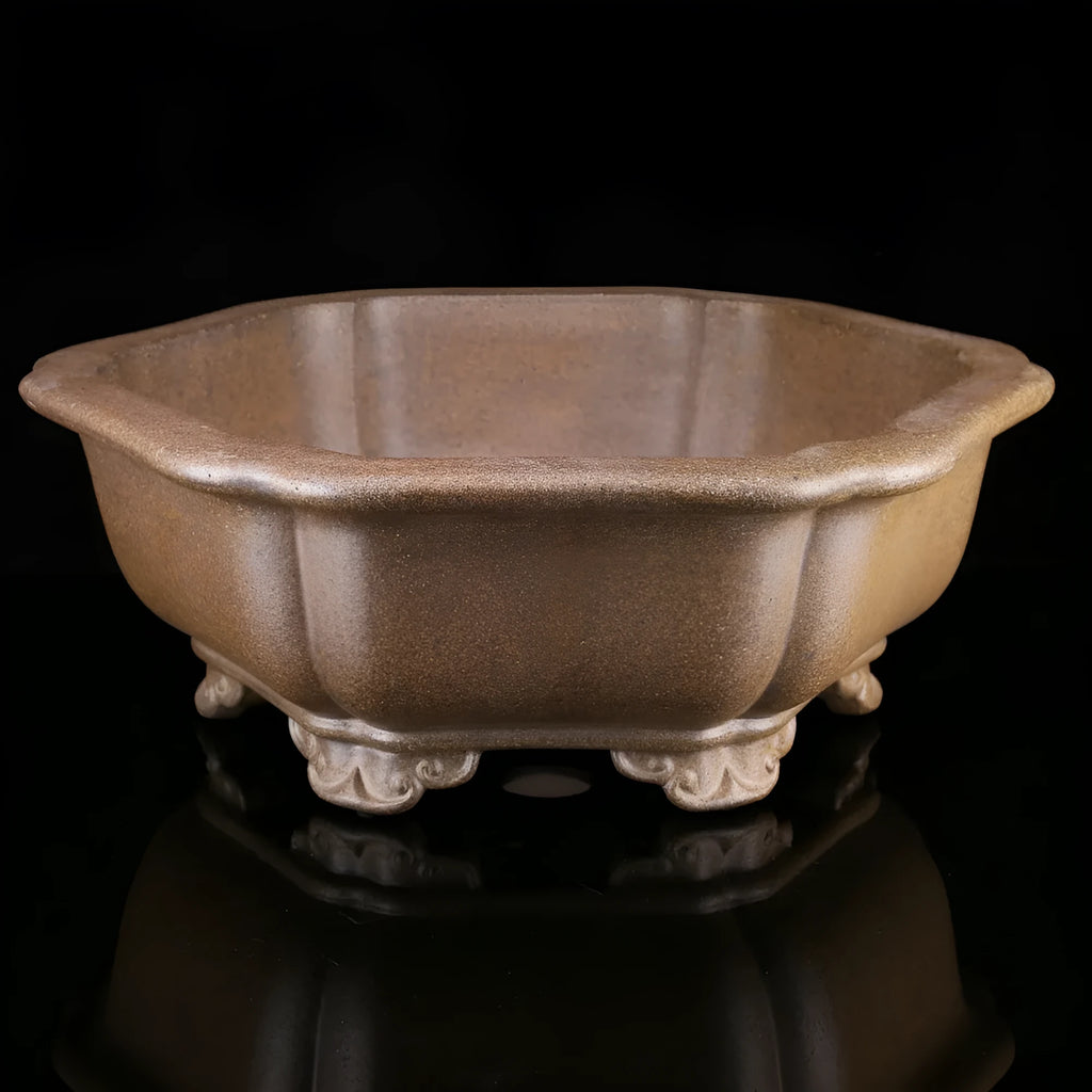 Handmade purple sand plant basin with hexagonal design for bonsai display