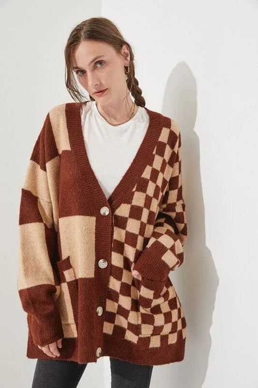 Loose fit cardigan with printed checks pattern in multiple colour options including grey, maroon and peacock blue