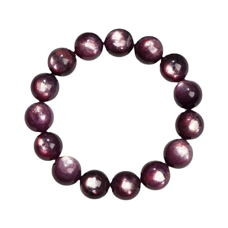 Natural purple lepidolite crystal round beads bracelet with geometric shapes and polished surfaces