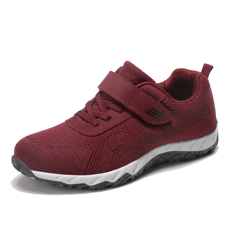 Women's low-top wedge heel shoes with mesh upper and Velcro strap in grey purple colour