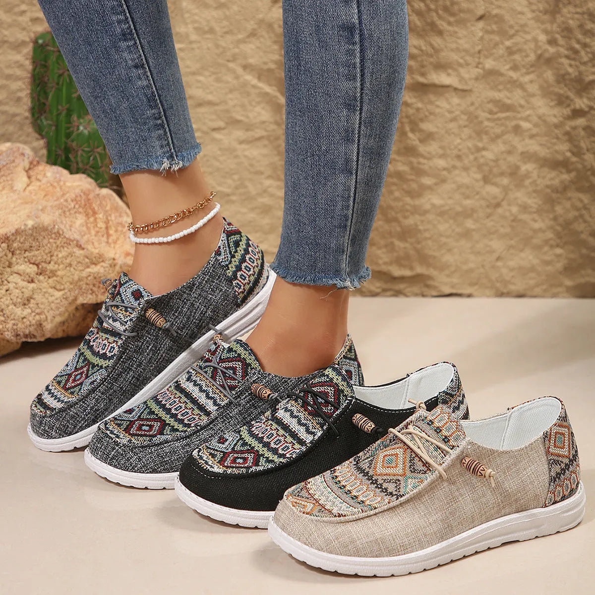 Women's flat round toe low-top shoes in black, dark grey, and khaki colours